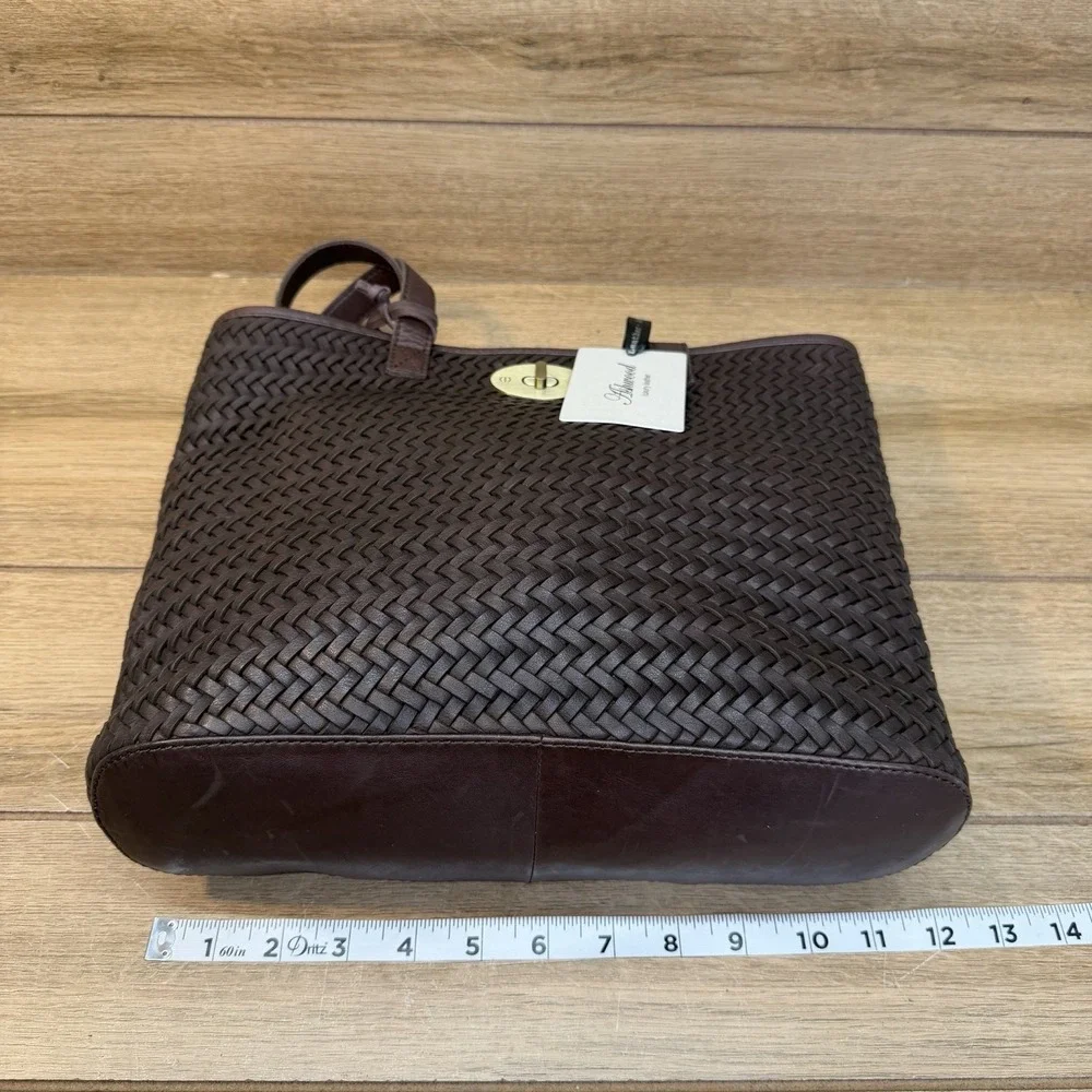 Ashwood Woven Leather Shoulder Bag Tote Chocolate Brown Gold Turnlock Boho Purse
